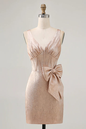 Champagne Bodycon Short Corset Cocktail Dress with Bow